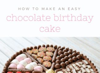 Birthday Cake : An EASY CHOCOLATE BIRTHDAY CAKE decorated with chocolate biscuits, lollies, mars…