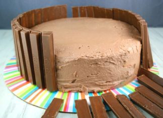 Birthday Cake : A chocolate frosted chocolate layer cake, surrounded by over 40 Kit Kat bars, to…
