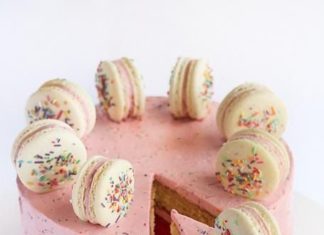 Birthday Cake : a cute sprinkle cake with macarons!
