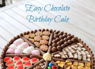 Birthday Cake : An EASY CHOCOLATE BIRTHDAY CAKE decorated with chocolate biscuits, lollies, mars…