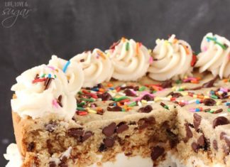 Birthday Cake : The Ultimate Layered Chocolate Chip Cookie Cake – a layer of traditional chocola…
