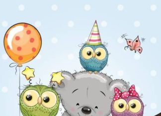 Happy Birthday Wiches : Três corujas e um urso em um galho – ilustração de arte em vetor