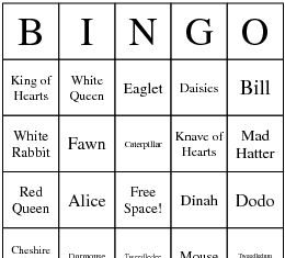 Birthday Decoration : Alice in Wonderland Characters Bingo Card maybe Mike one with keywords from the …