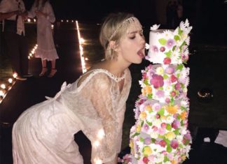Birthday Decoration Ideas : Elena Perminova posing with an epic tiered floral cake at Natasha Poly's Gat…