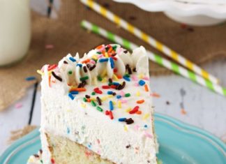 Birthday Decoration Ideas : Funfetti Millionaire Cake – A layer of Funfetti cheesecake, Funfetti cake, and F…