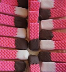 Birthday Decoration Ideas : Girl Baby Shower ideas- (pictured: Pink Strawberry Wafer cookies dipped in milk …