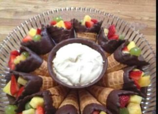Birthday Decoration Ideas : Looks yummy!! Ice cream cones dipped in chocolate & filled with fruit. Serve wit…