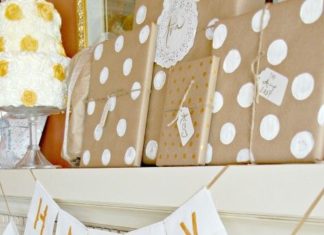Birthday Decoration Ideas : Simple Birthday Banner – white canvas, gold paint, stencils and twine