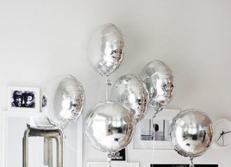 Birthday Decoration Ideas : silver balloons + white paper packages