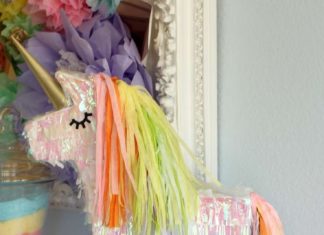Birthday Decoration : Lily’s Iridescent Unicorn Party | CatchMyParty.com Unicorn piñata. Unicorn them…