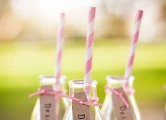 Birthday Decoration : Milk Bottles – 10 from borrowed from Erin and another 12 purchased; with bright …