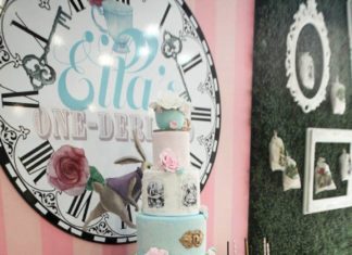 Birthday Decoration : Side-view of a dessert table from an Alice in Wonderland Birthday Party on Kara’…