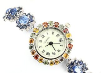 Birthday Gifts Ideas : 14K White Gold Blue Kyanite Sapphire Mother of Pearl Watch