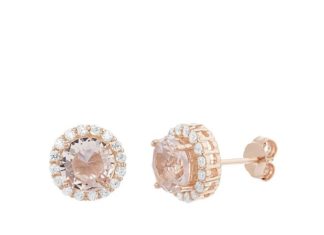 Birthday Gifts Ideas : 18K Rose Gold Sterling Silver Round Halo Morganite Lab Diamond Post Earring