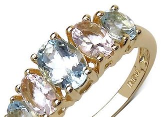 Birthday Gifts Ideas : 18K Yellow Gold Aquamarine Morganite Anniversary Ring