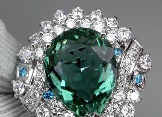 Birthday Gifts Ideas : A 13.1CT Pear Cut Green Aquamarine Paraiba Blue Apatite White Sapphire Halo Ring