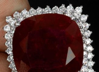 Birthday Gifts Ideas : A Natural 14K White Gold 38CT Cushion Cut Blood Red Ruby White Sapphire Ring