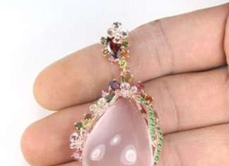 Birthday Gifts Ideas : A Perfect 14K Rose Gold 75.25CT Cabochon Pink Quartz Red Garnet Pink & Blue Sapp…