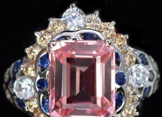 Birthday Gifts Ideas : A Vintage 4.55CT Emerald cut Pink Sapphire & Blue, White and Pale Beige Accented…