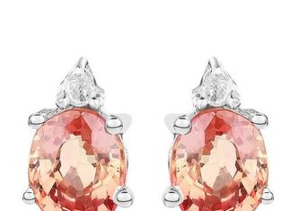Birthday Gifts Ideas : Natural Oval Cut Sunset Pink Orange Sapphire & Natural Diamond Stud Earrings