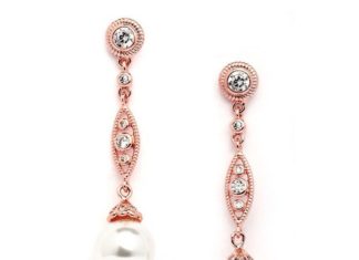 Birthday Gifts Ideas : Vintage 14K Rose Gold Cubic Zirconia Dangle Earrings with Freshwater Pearls