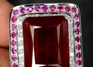 Birthday Gifts Ideas : Vintage 33.9CT Emerald Cut Red Ruby White Sapphire Halo Ring
