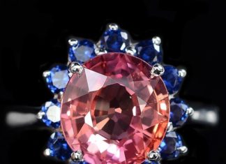 Birthday Gifts Ideas : Vintage 4.45CT Oval Cut Pink Padparadscha Sapphire Blue Sapphire Halo Ring