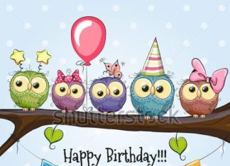 Happy Birthday Wiches : Five Owls on a brunch with balloon and bonnets