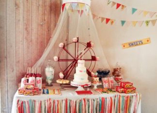 Birthday Decoration : Wonderful circus details, including ferris wheel cupcake display and adorable an…