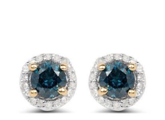 Birthday Gifts Ideas : 14K Yellow Gold Genuine Round Cut Blue Diamond & White Diamond Halo Stud Earring…