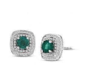 Birthday Gifts Ideas : 1CT Round Cut Green Emerald Stud Earrings with Double Halo Diamonds