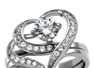 Birthday Gifts Ideas : 1CT Round Cut Russian Lab Diamond Heart Bridal Set Wedding Band Ring