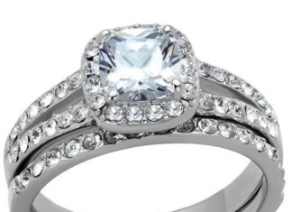 Birthday Gifts Ideas : A Perfect 1.8CT Cushion Cut Halo Russian Lab Diamond Bridal Set Wedding Band Rin…