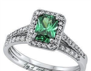 Birthday Gifts Ideas : A Perfect 3.8CT Emerald Cut Green Emerald Halo Bridal Set