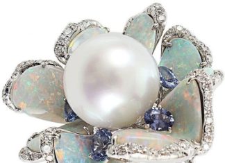 Birthday Gifts Ideas : Arunashi Pearl Opal Sapphire Diamond Flower Ring ($55,800) ❤ liked on Polyvore