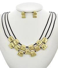 Birthday Gifts Ideas : Gold Matte & Dark Brown Leather Cord Necklace & Earring Set