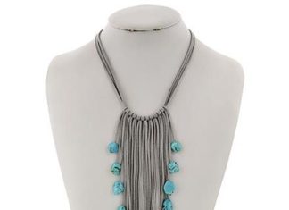 Birthday Gifts Ideas : Grey Suede Platinum & Turquoise Stone Graduating Charm necklace