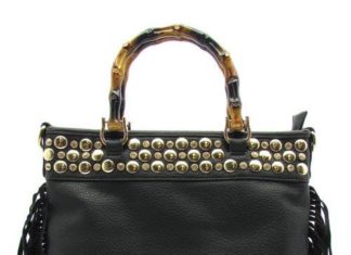 Birthday Gifts Ideas : The Melanie Black Leather Finge Handbag with Faux Bamboo Handles