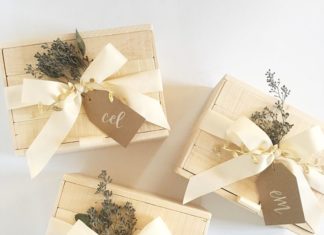 Birthday Gifts Inspiration : Wooden gift box packaging with calligraphy tag by Box and Bow – bridesmaid gifts…