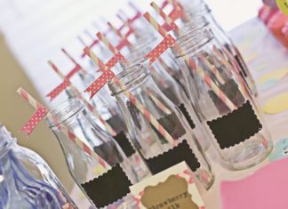Birthday Party Inspiration : Anna gives a little DIY tip for these cute milk bottles: “The milk bottles are f…