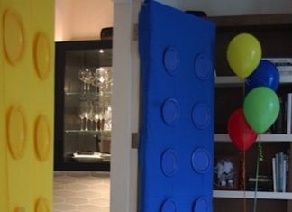 Birthday Party : Turn your doors into giant Legos with disposable table cloths and matching paper…