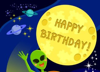 Happy Birthday Wiches : Happy Birthday card for kids with cartoon alien in a spaceship. Printed card sol…