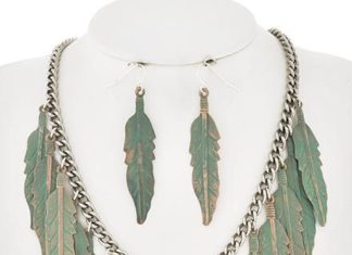 Birthday Gifts Ideas : Stunning Patina Copper Feather Necklace With Earrings Set