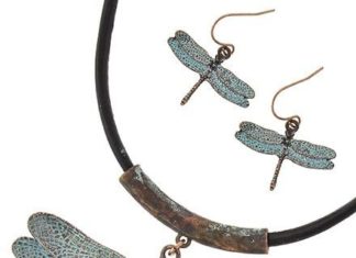 Birthday Gifts Ideas : Stunning Patina Copper Dragonfly Necklace With Earrings Set