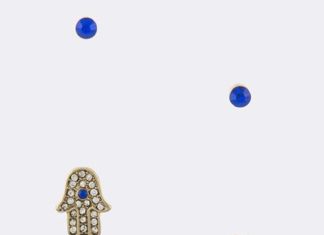 Birthday Gifts Ideas : Trendy Blue & Gold Crystal Pave Hamsa Fatima Palm Design Stud Earring Set