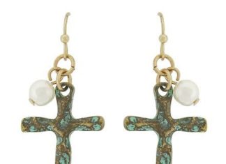 Birthday Gifts Ideas : Vintage Copper Patina Cross and Pearl Pierced Earrings
