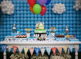 Birthday Party Inspiration : UP! First Birthday Party Dessert Table – how clever is that balloon background?