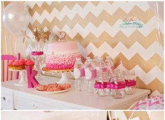Birthday Party Inspiration : pink and gold 2nd birthday. note the gold chevron backdrop!