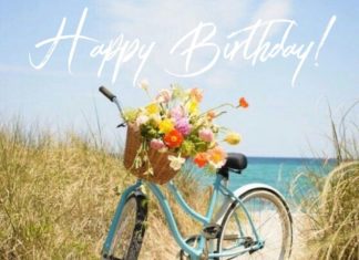 Happy Birthday Wiches : Birthday wishes picture with aqua colored bike, basket of flowers near water.