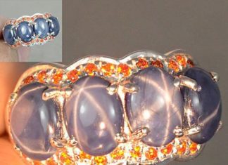 Birthday Gifts Ideas : 5.3CT Oval Cabochon 6 Ray Star Blue Sapphire and Orange Sapphire Accent Engageme…